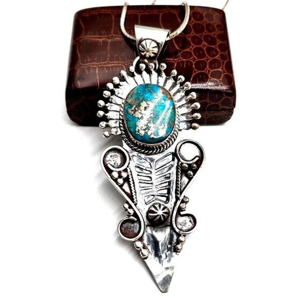 Womans Necklace Sterling Silver Turquoise Pendant 45 Grams
